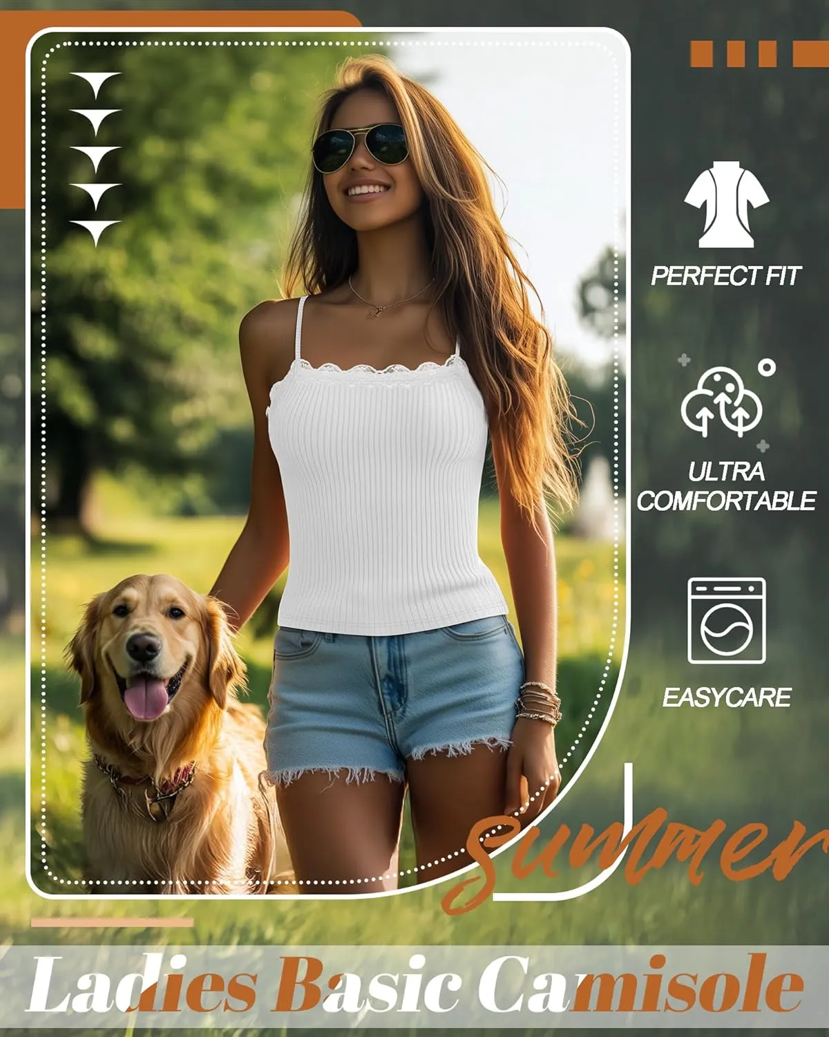 3 Pcs Lace Camisole Tank Tops for Women, Lace Trim Boat Neck Ribbed Undershirts Adjustable Spaghetti Strap Slim Cami