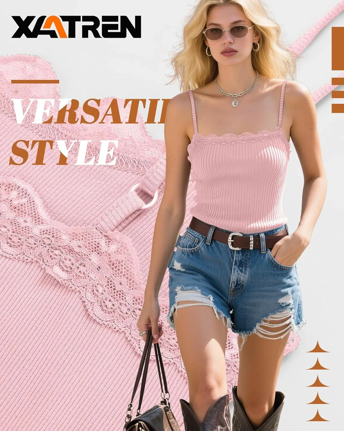 3 Pcs Lace Camisole Tank Tops for Women, Lace Trim Boat Neck Ribbed Undershirts Adjustable Spaghetti Strap Slim Cami