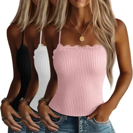 3 Pcs Lace Camisole Tank Tops for Women, Lace Trim Boat Neck Ribbed Undershirts Adjustable Spaghetti Strap Slim Cami