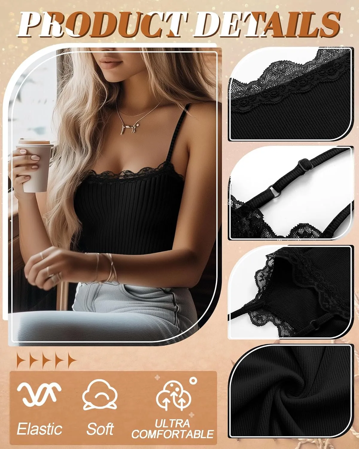 3 Pcs Lace Camisole Tank Tops for Women, Lace Trim Boat Neck Ribbed Undershirts Adjustable Spaghetti Strap Slim Cami
