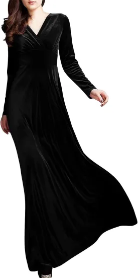 ADHOWBEW Velvet Dress for Women Elegant Long Sleeve Maxi Dress Flowy V Neck Formal Long Prom Dress