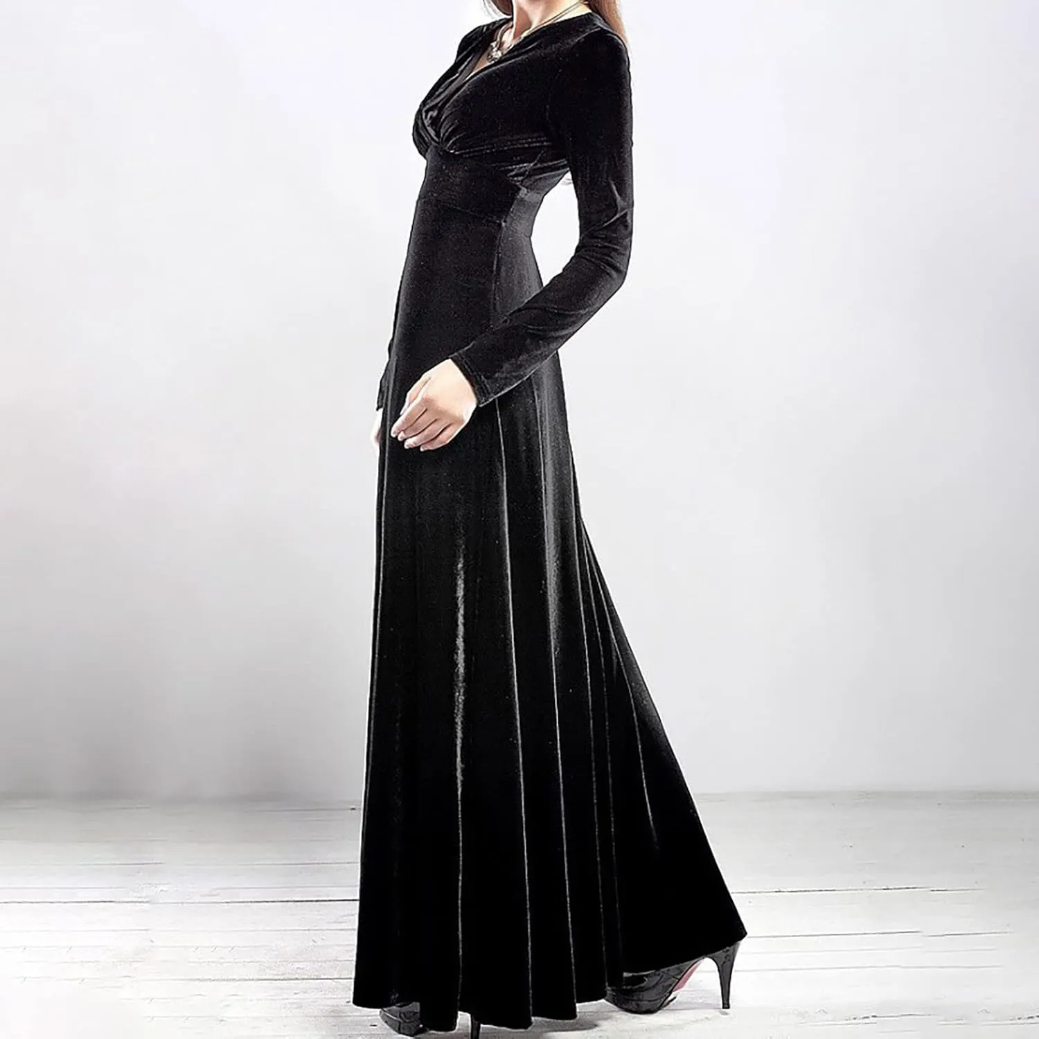 ADHOWBEW Velvet Dress for Women Elegant Long Sleeve Maxi Dress Flowy V Neck Formal Long Prom Dress