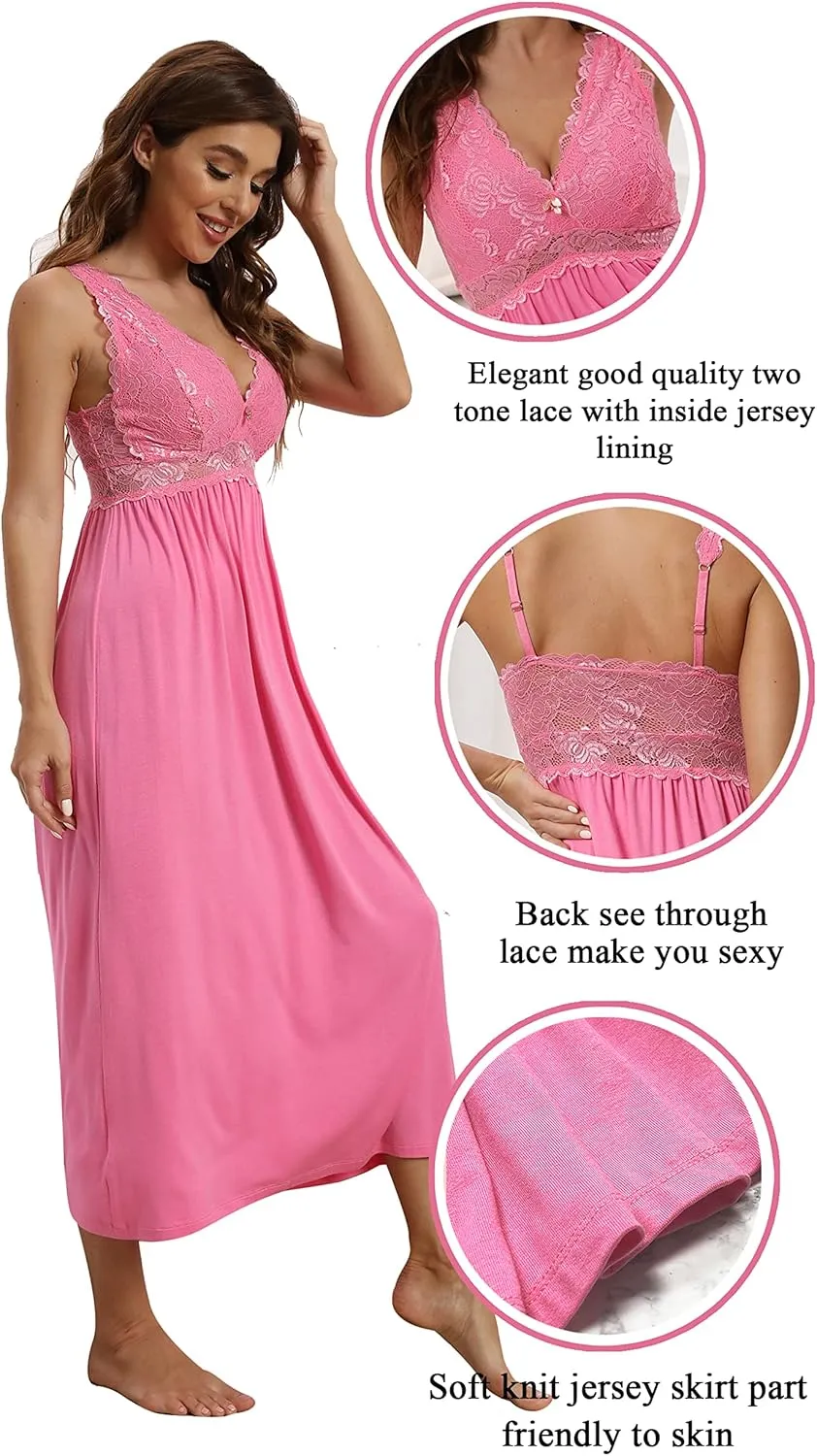ALCEA ROSEA Womens Sexy Nightgowns Long Floral Lace silky Lingerie supportive Chemises Full slip for Women Elegant Sleepwear