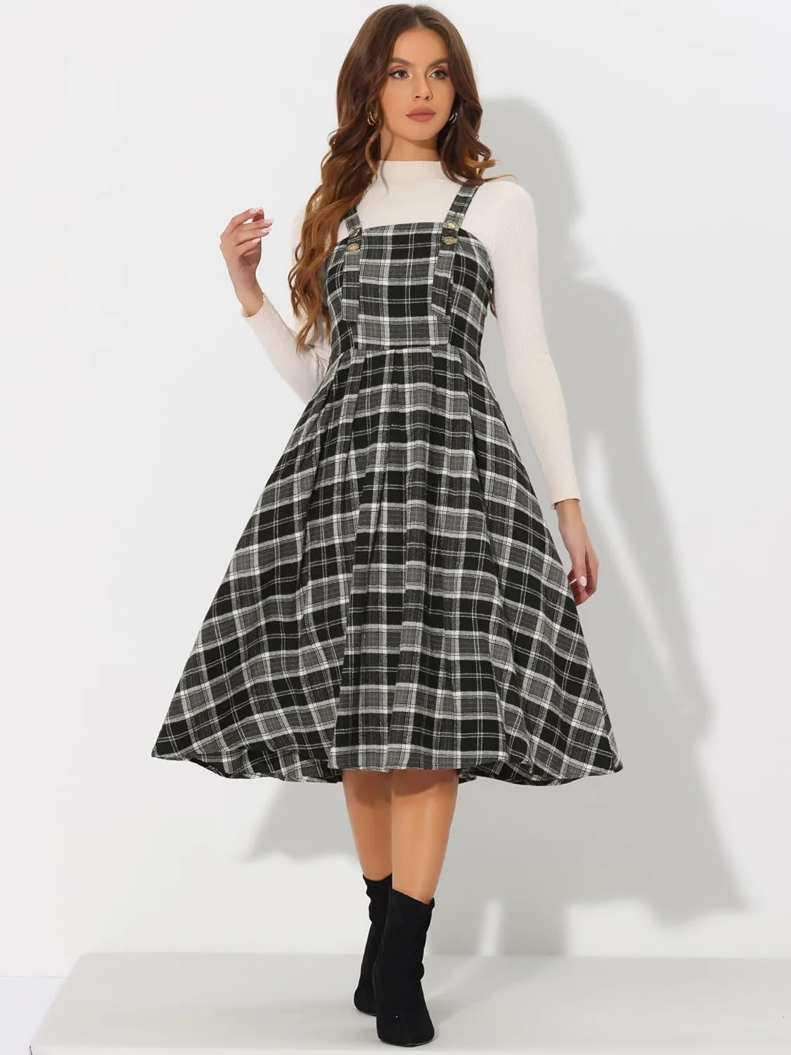 Allegra K Women's Plaid Overalls Vintage Sleeveless A-Line Overall Pinafore Dress Suspender Skirt