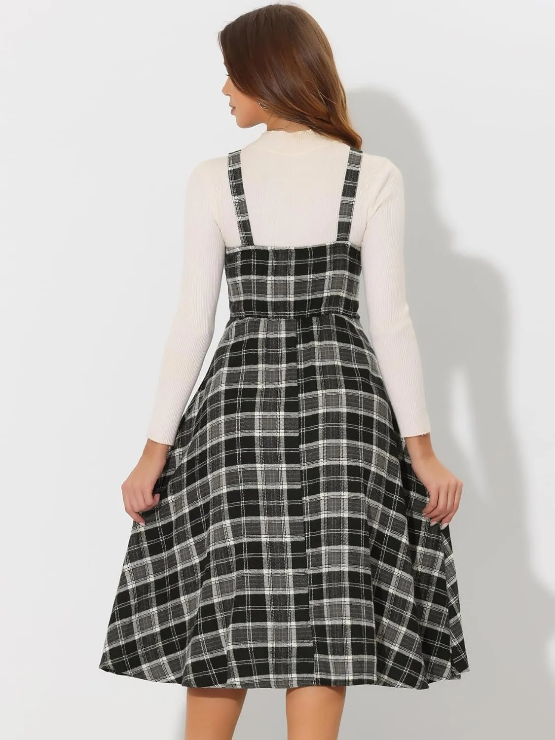 Allegra K Women's Plaid Overalls Vintage Sleeveless A-Line Overall Pinafore Dress Suspender Skirt