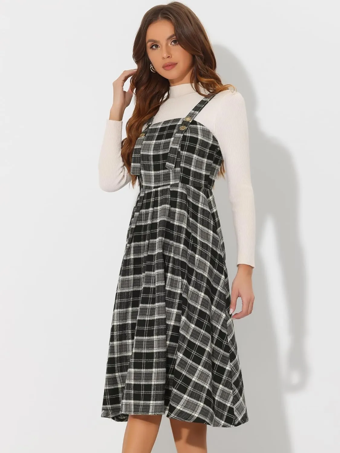 Allegra K Women's Plaid Overalls Vintage Sleeveless A-Line Overall Pinafore Dress Suspender Skirt