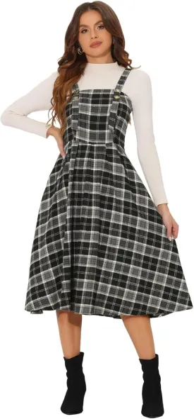 Allegra K Women's Plaid Overalls Vintage Sleeveless A-Line Overall Pinafore Dress Suspender Skirt