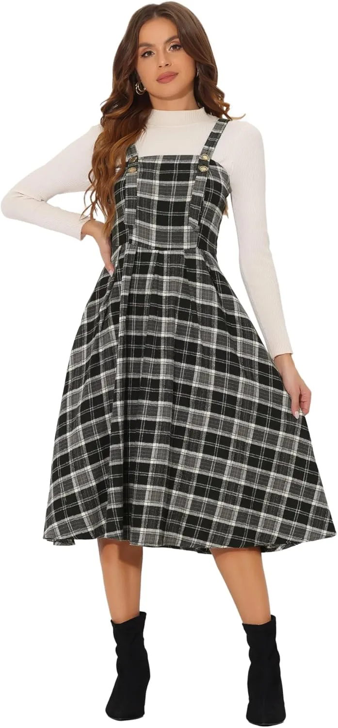 Allegra K Women's Plaid Overalls Vintage Sleeveless A-Line Overall Pinafore Dress Suspender Skirt