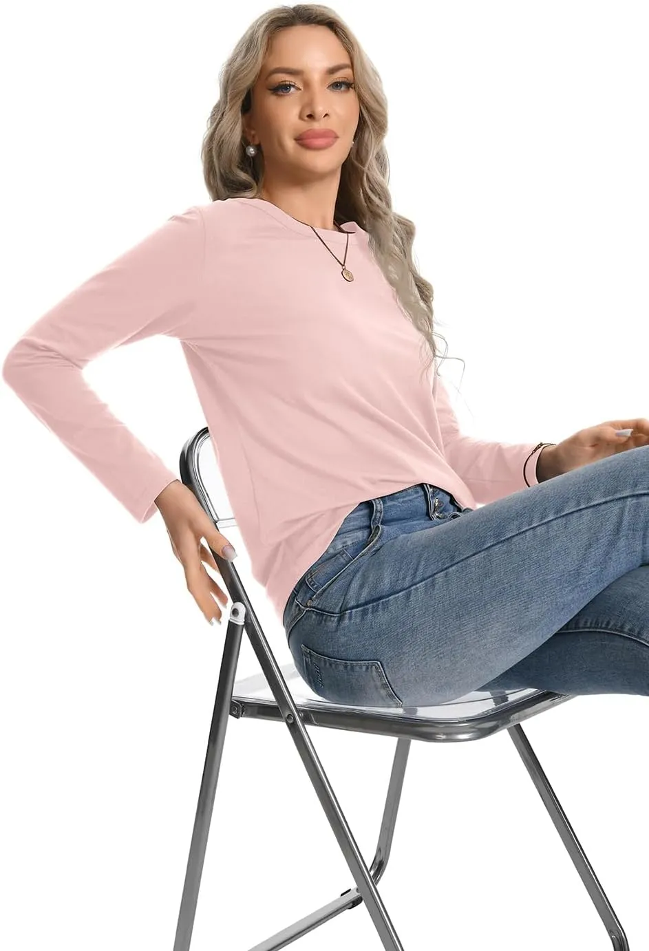 Auriviz Womens Long Sleeve Shirts Crew Neck Basic Tee Fall Trendy Cotton Tops Loose Fitted T Shirts Blouses