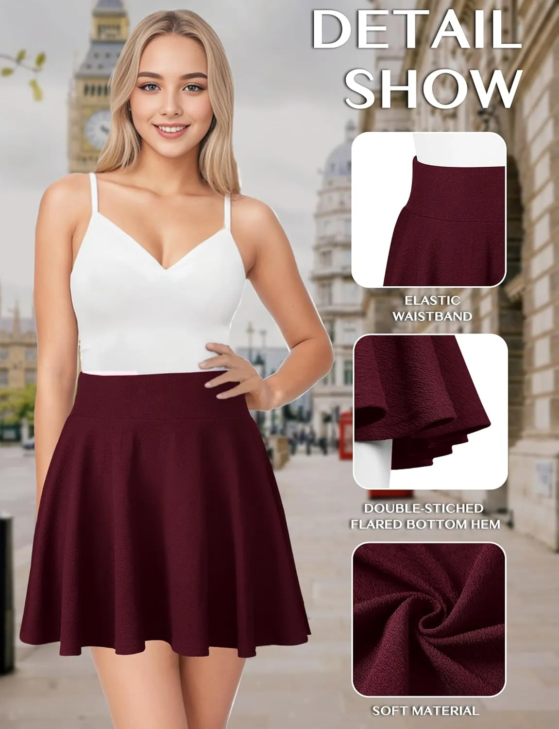 AURUZA Mini Skirts for Women, Womens Casual Skater Skirt, Basic Versatile Stretchy Flared Summer Mini Skirt