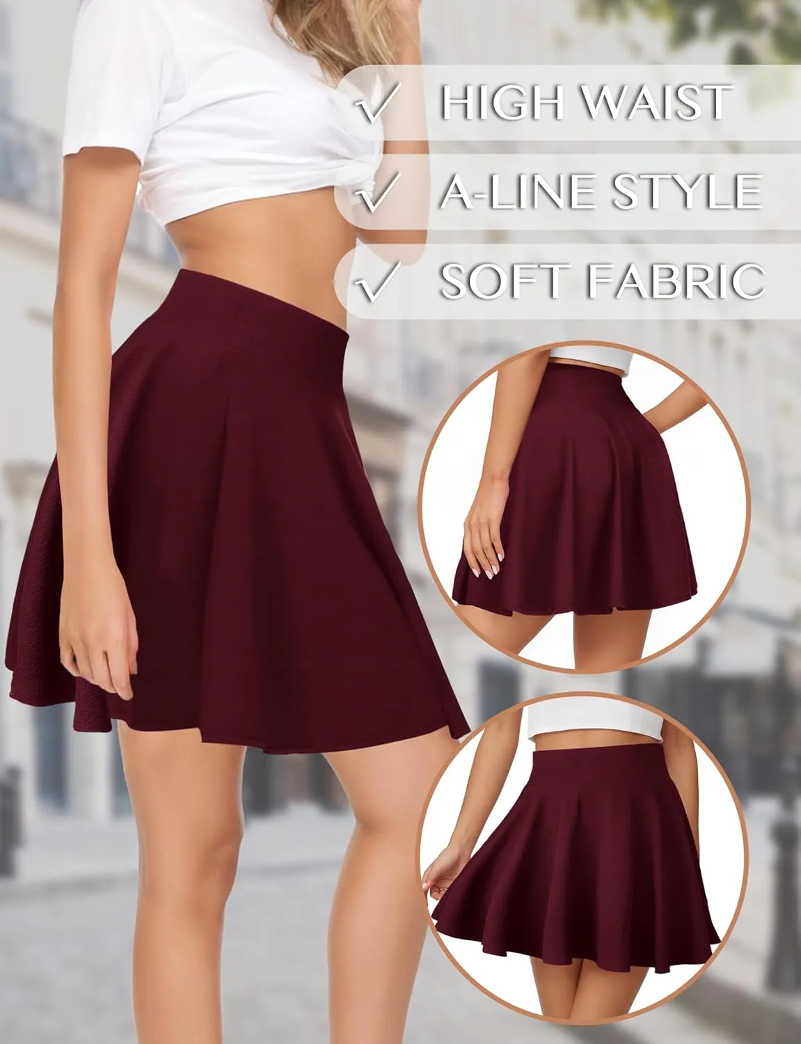 AURUZA Mini Skirts for Women, Womens Casual Skater Skirt, Basic Versatile Stretchy Flared Summer Mini Skirt