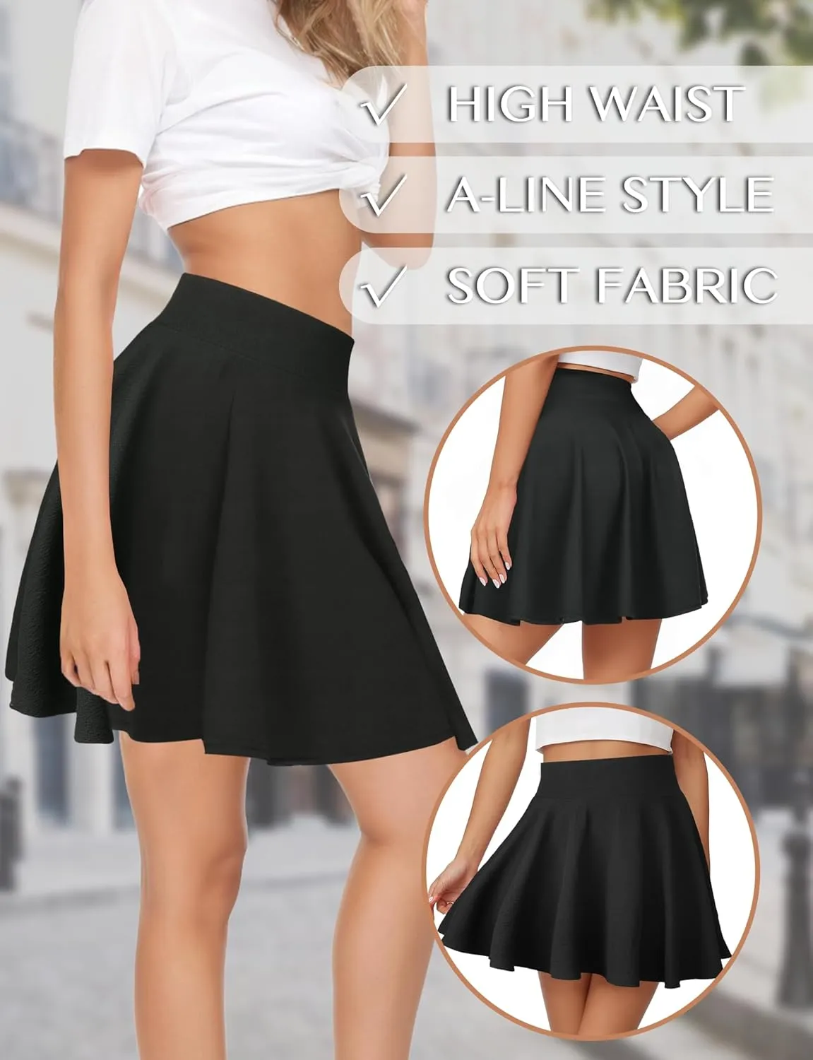 AURUZA Mini Skirts for Women, Womens Casual Skater Skirt, Basic Versatile Stretchy Flared Summer Mini Skirt