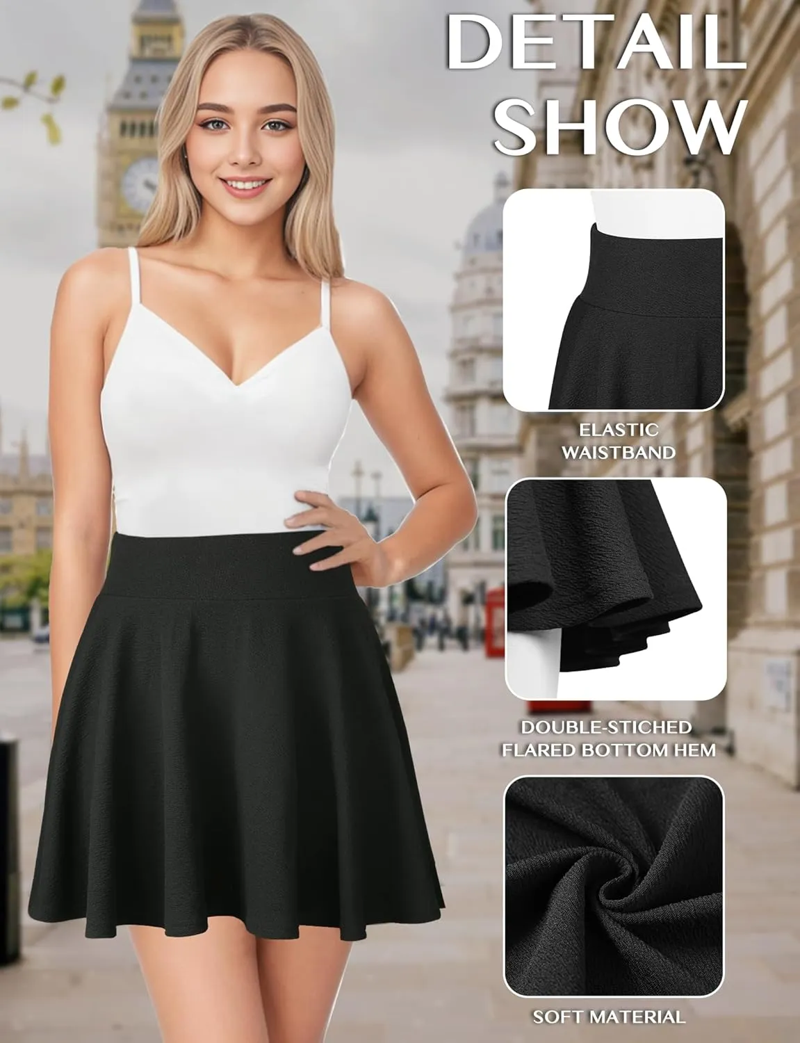 AURUZA Mini Skirts for Women, Womens Casual Skater Skirt, Basic Versatile Stretchy Flared Summer Mini Skirt