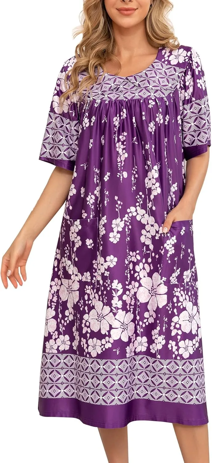 AVIIER House Dress Women Short Sleeve Mumu Lounge Dresses Patio Nightgowns with Pockets