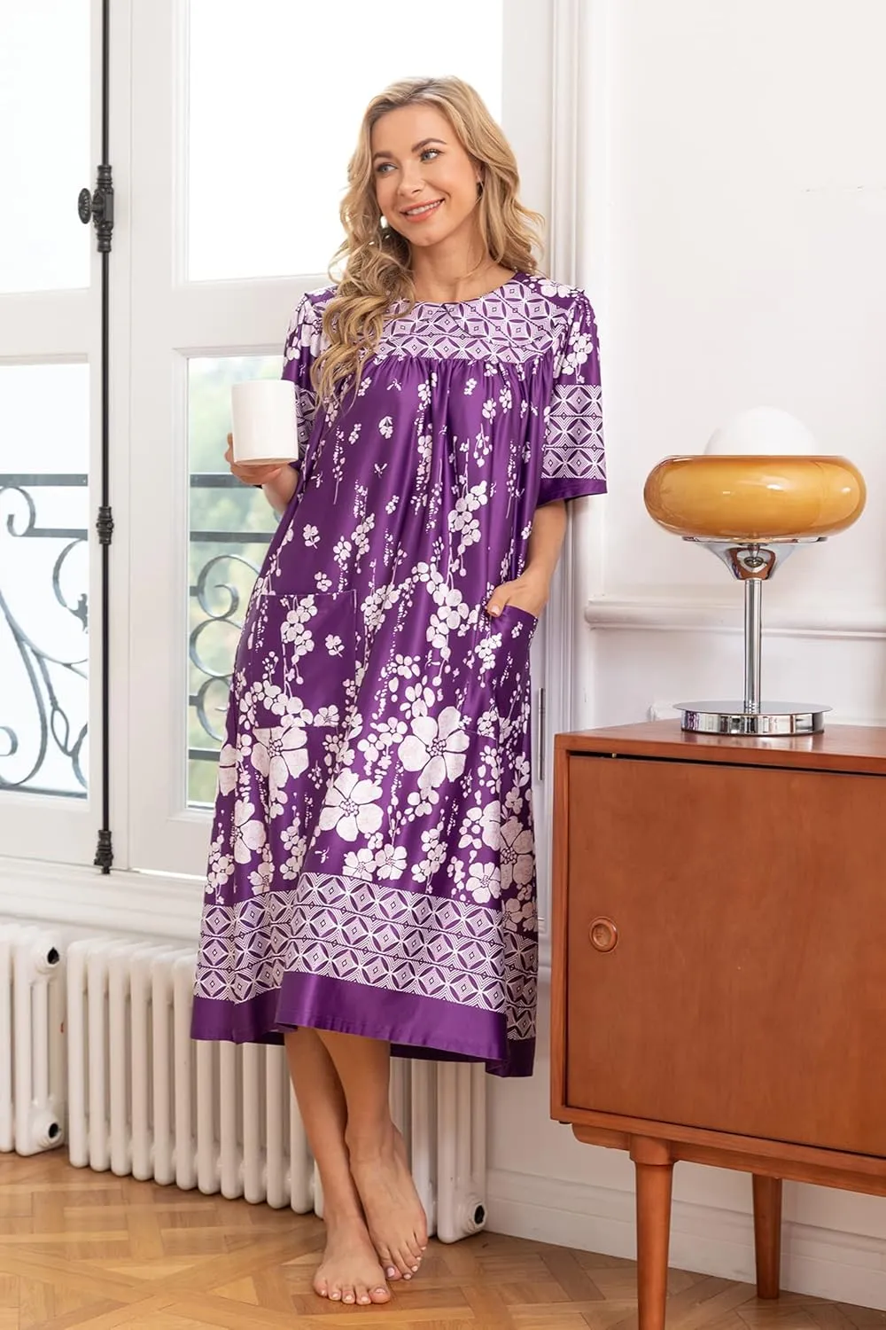 AVIIER House Dress Women Short Sleeve Mumu Lounge Dresses Patio Nightgowns with Pockets