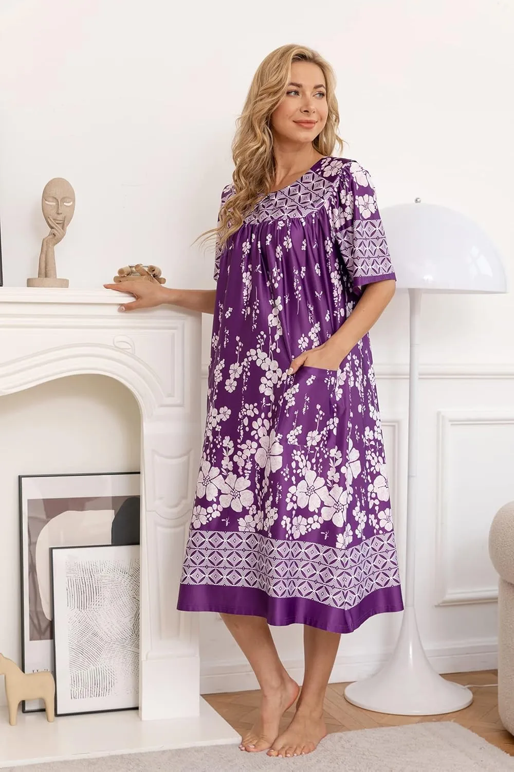 AVIIER House Dress Women Short Sleeve Mumu Lounge Dresses Patio Nightgowns with Pockets