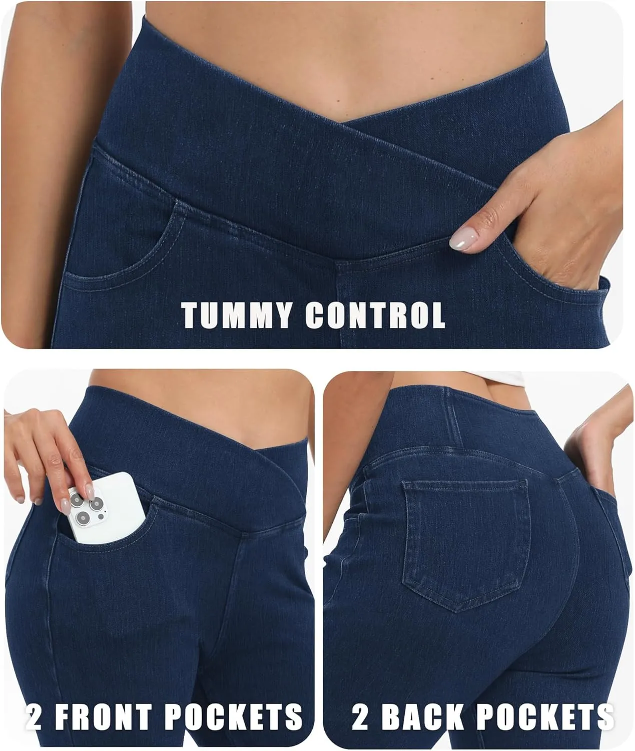 Bell Bottom Jeans for Women High Waisted Stretchy Flare Jeans with Pockets Trendy Crossover Pull On Flare Jeggings