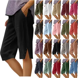 Bermuda Shorts for Women,Knee Length Linen Capri Pants High Waisted Comfy Casual Plus Size Capris 2025