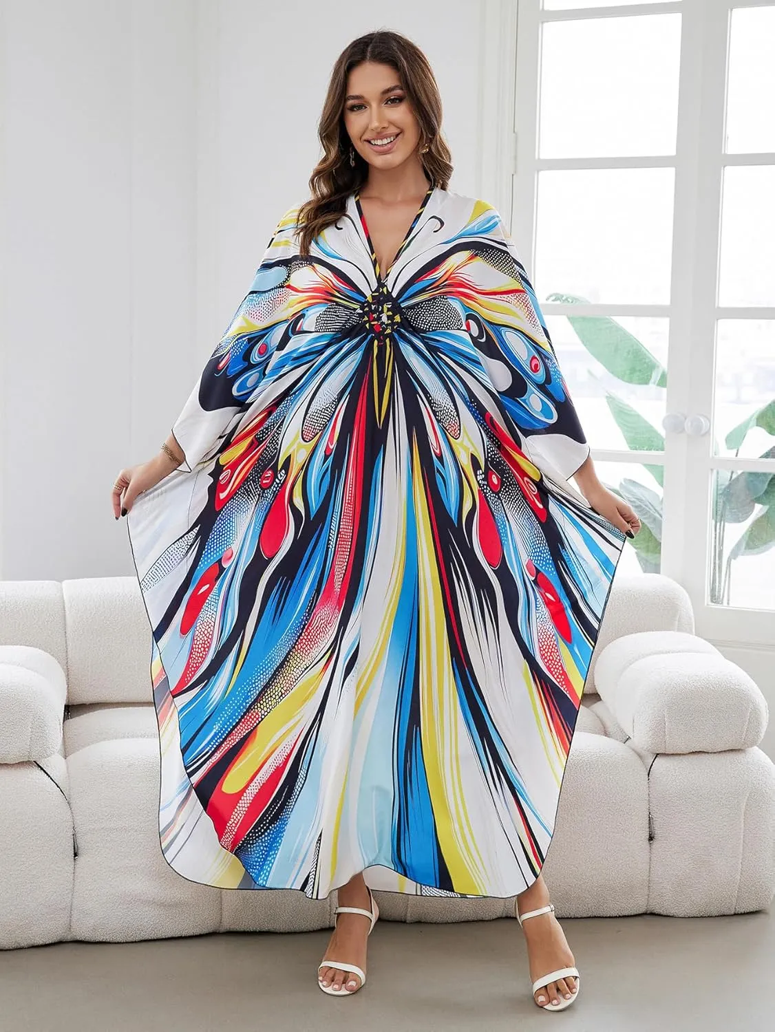 Caftan Dresses Bohemian Beachwear Kimono Bathing Suit Coverup Loose Fit Floral Print Holiday