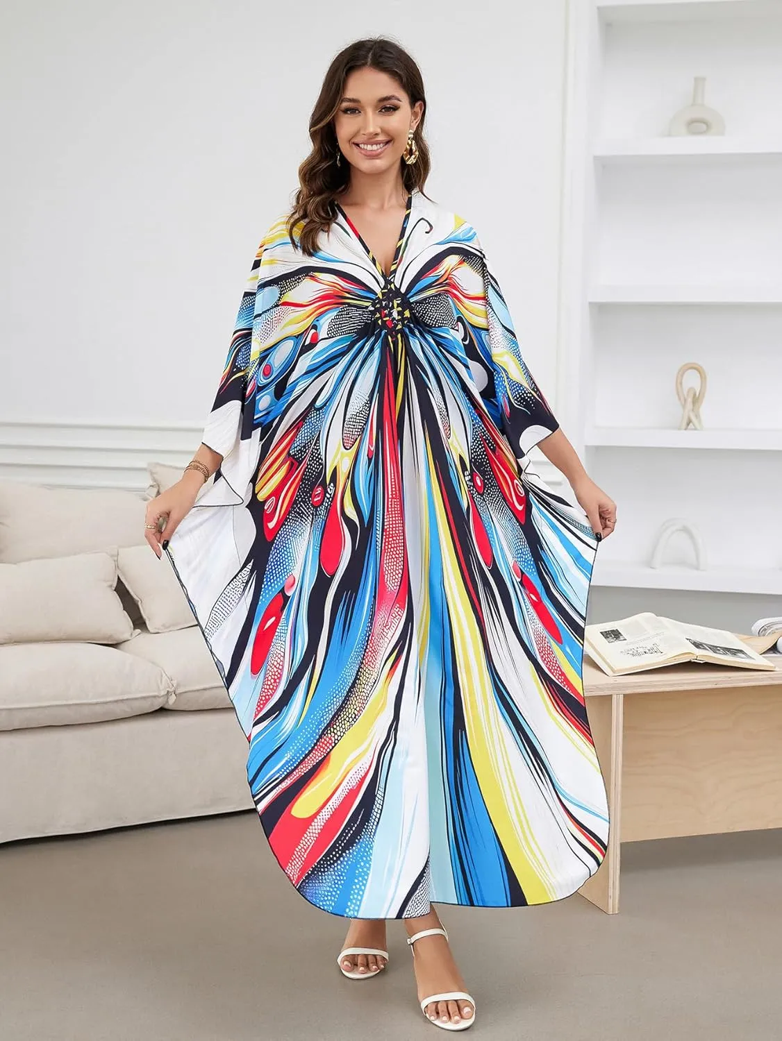 Caftan Dresses Bohemian Beachwear Kimono Bathing Suit Coverup Loose Fit Floral Print Holiday