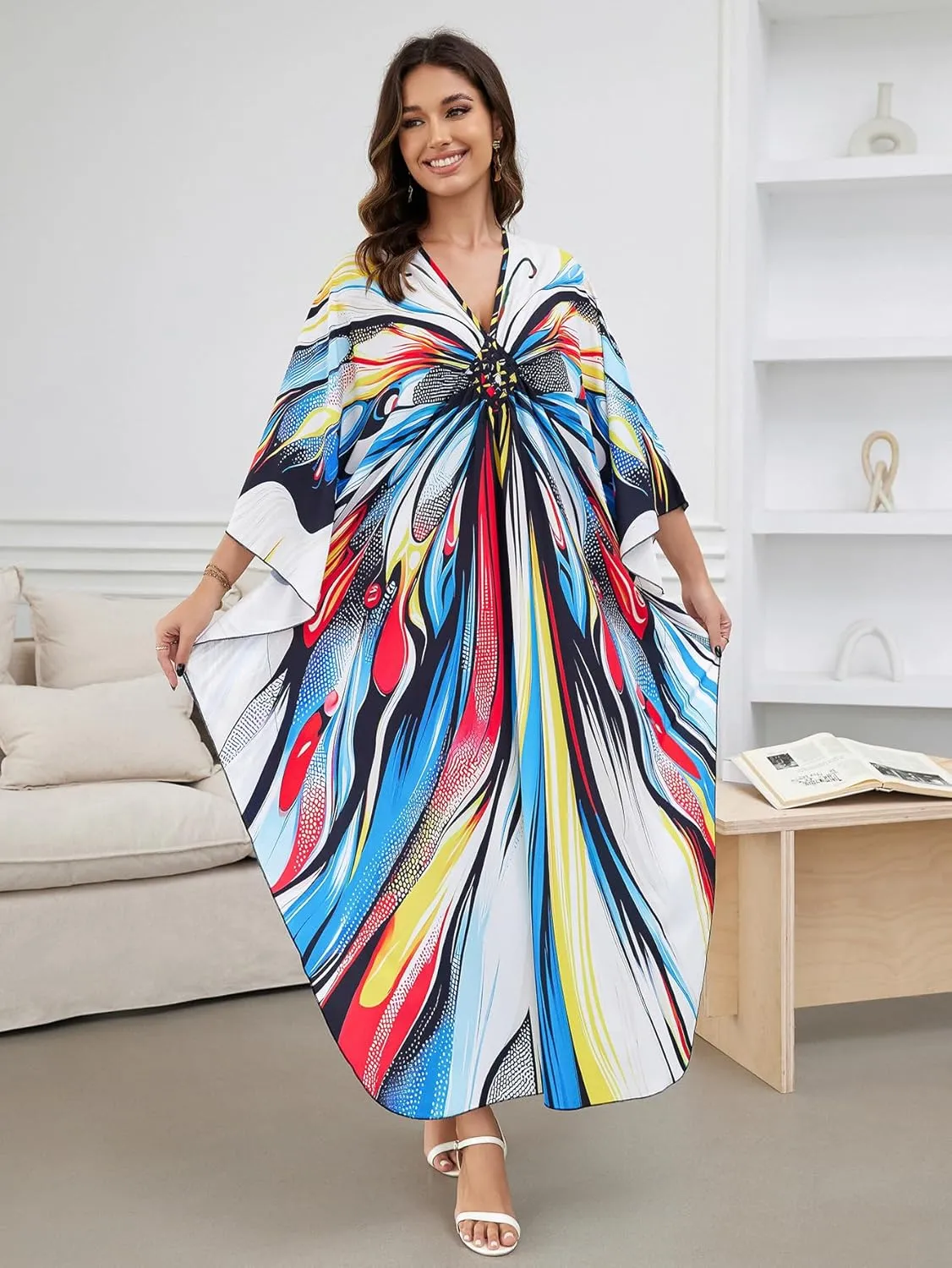Caftan Dresses Bohemian Beachwear Kimono Bathing Suit Coverup Loose Fit Floral Print Holiday