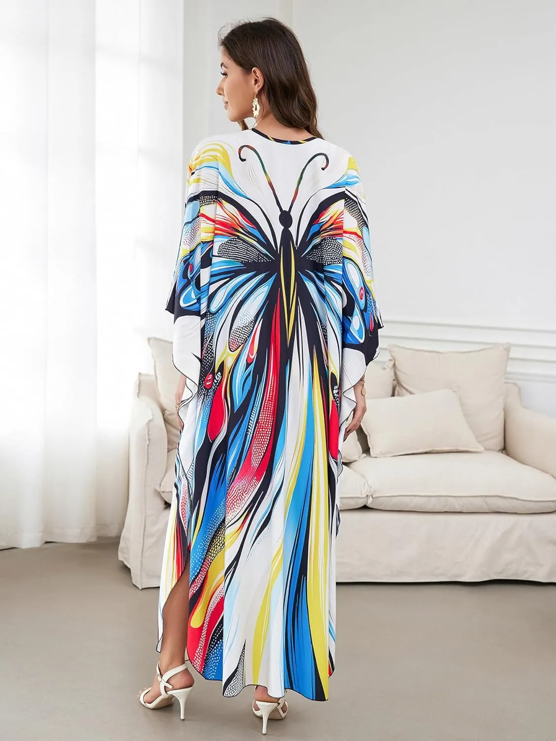 Caftan Dresses Bohemian Beachwear Kimono Bathing Suit Coverup Loose Fit Floral Print Holiday