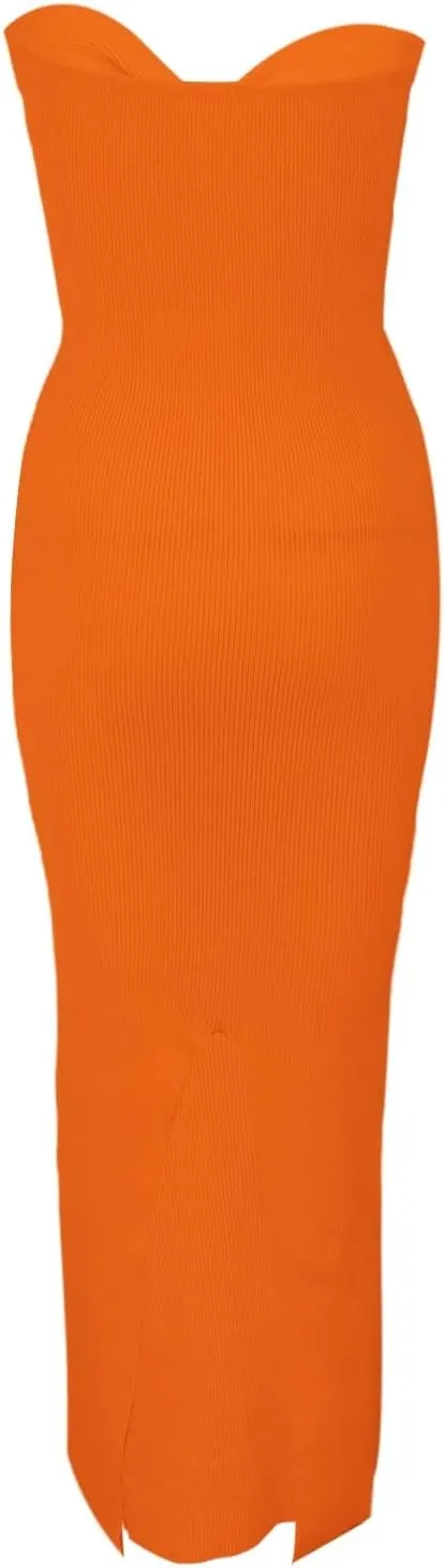 Casual Summer Dresses for Women 2025,Sexy Twist Knot Front Ribbed Knit Bodycon Bandeau Tube Dress Solid Strapless Dress