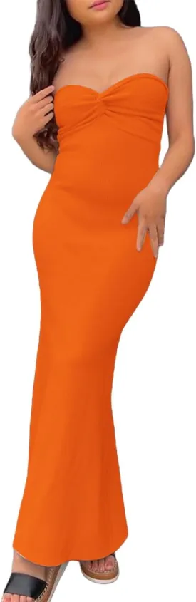 Casual Summer Dresses for Women 2025,Sexy Twist Knot Front Ribbed Knit Bodycon Bandeau Tube Dress Solid Strapless Dress
