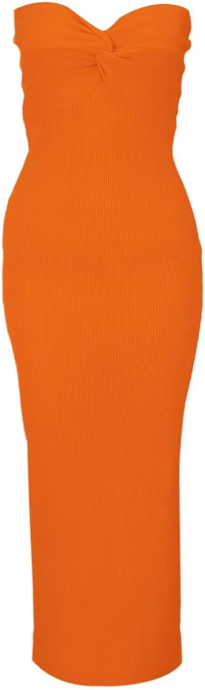 Casual Summer Dresses for Women 2025,Sexy Twist Knot Front Ribbed Knit Bodycon Bandeau Tube Dress Solid Strapless Dress