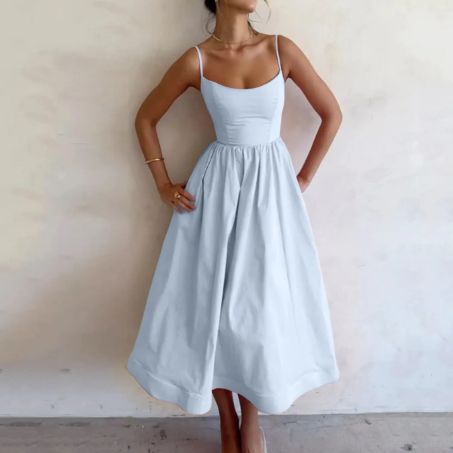Corset Dress for Women Formal Spaghetti Strap Bustier Midi Dresses Flowy Pleated Hem A-Line Sundress with Pockets