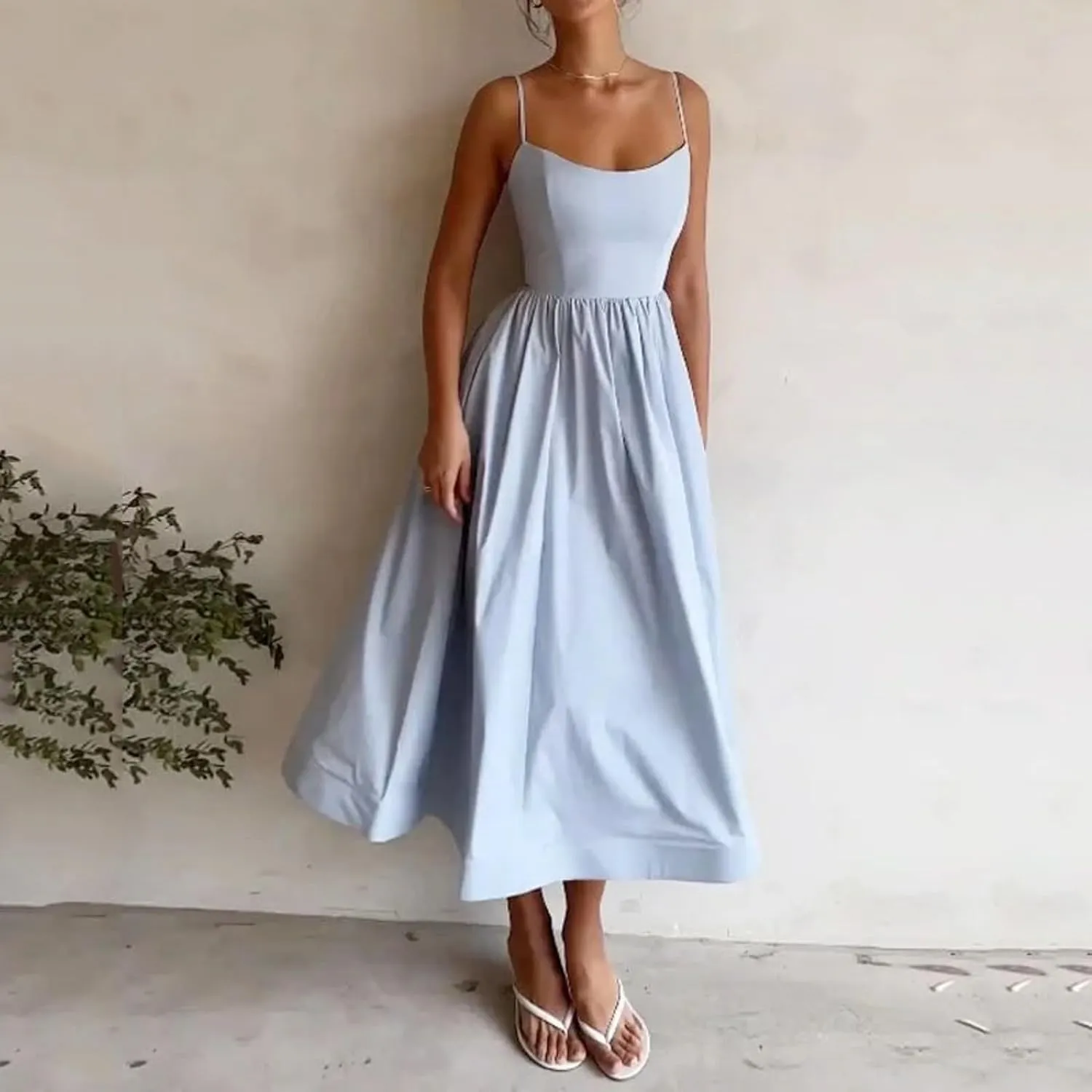 Corset Dress for Women Formal Spaghetti Strap Bustier Midi Dresses Flowy Pleated Hem A-Line Sundress with Pockets