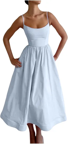 Corset Dress for Women Formal Spaghetti Strap Bustier Midi Dresses Flowy Pleated Hem A-Line Sundress with Pockets