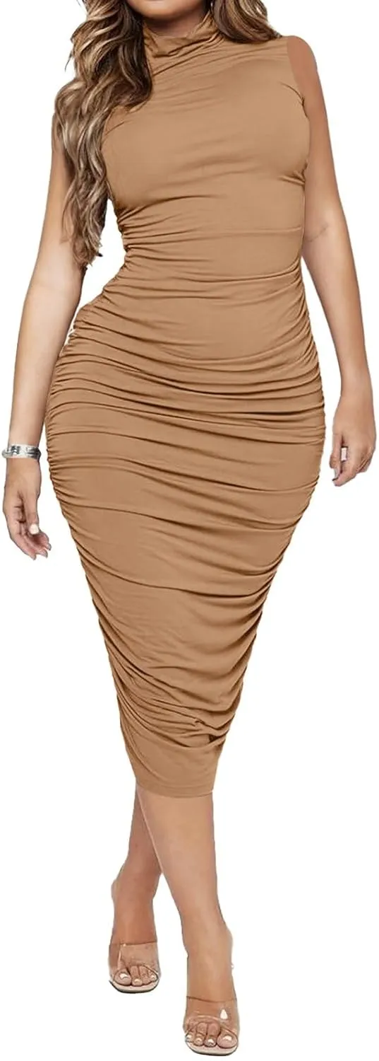 Ekaliy Women's Ruched Bodycon Midi Dress Sexy Mock Neck Sleeveless Pencil Dresses