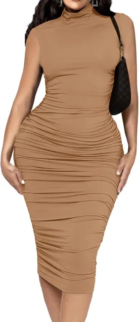 Ekaliy Women's Ruched Bodycon Midi Dress Sexy Mock Neck Sleeveless Pencil Dresses