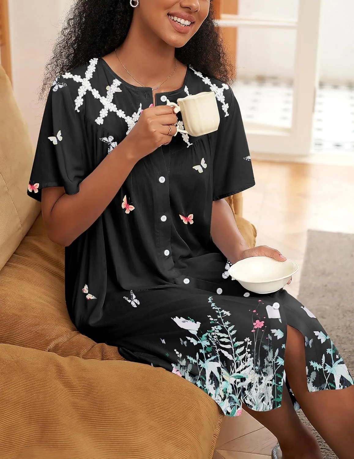 Ekouaer House Dress for Women Button Down Nightgown Short Sleeve Housecoat with pockets S-4XL