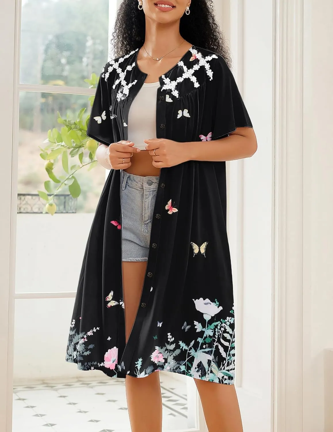 Ekouaer House Dress for Women Button Down Nightgown Short Sleeve Housecoat with pockets S-4XL