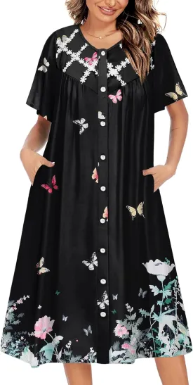 Ekouaer House Dress for Women Button Down Nightgown Short Sleeve Housecoat with pockets S-4XL