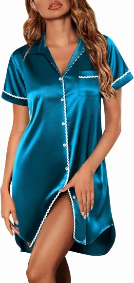 Ekouaer Satin Nightgowns for Women Button Down Nightshirts Silk Sleepshirts Short Sleeve Boyfriend Sleepwear S-XXXL
