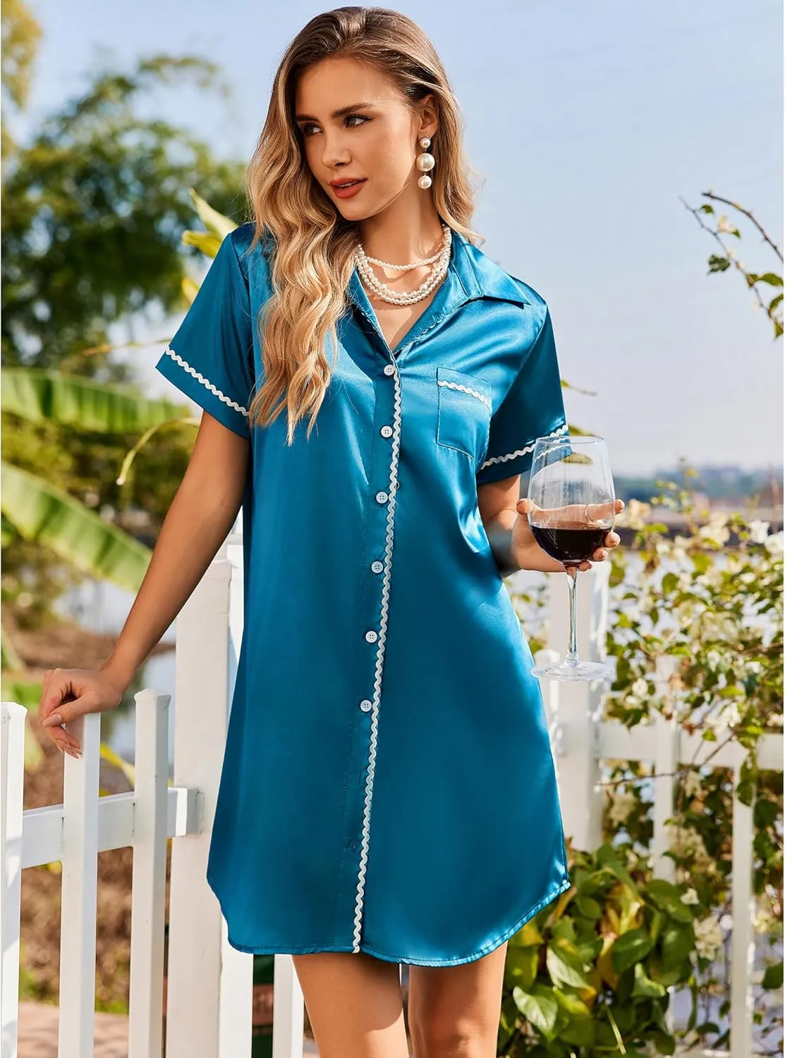 Ekouaer Satin Nightgowns for Women Button Down Nightshirts Silk Sleepshirts Short Sleeve Boyfriend Sleepwear S-XXXL