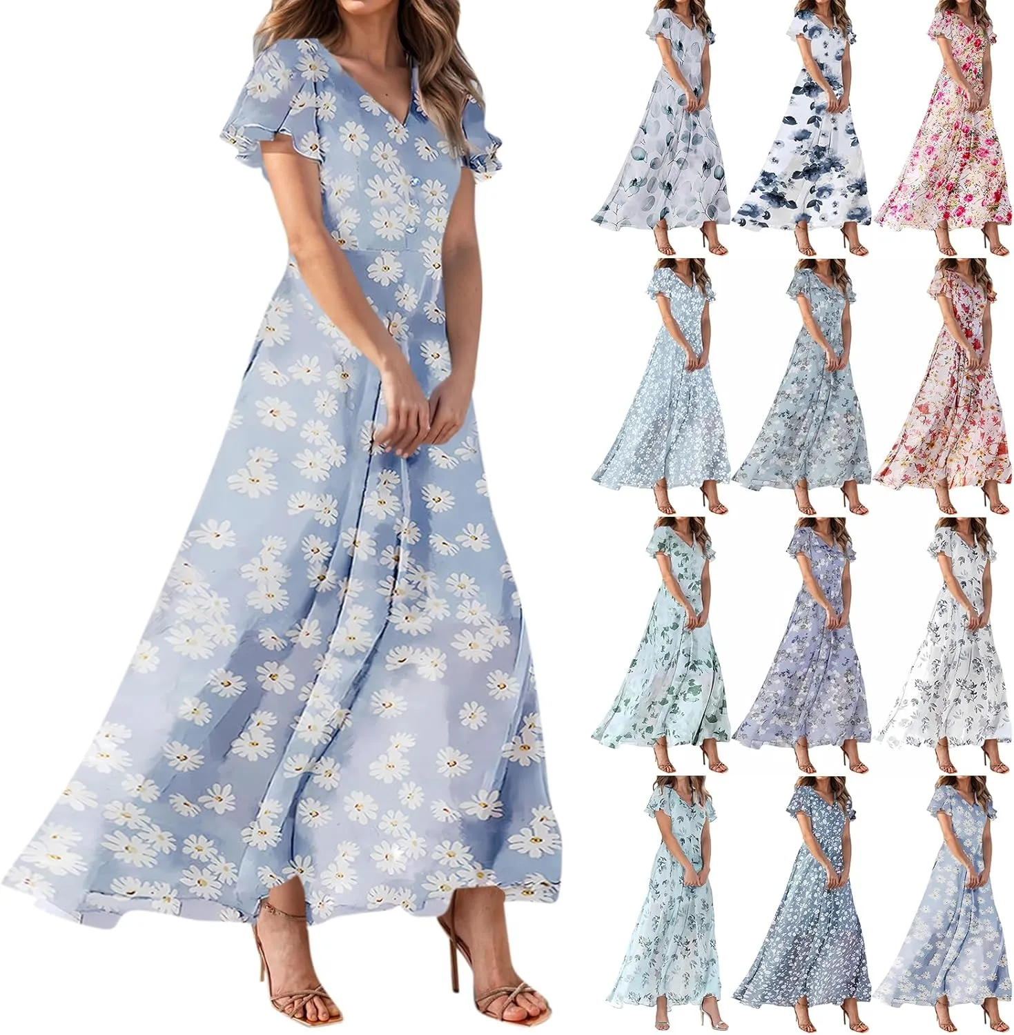 Floral Maxi Dresses for Women 2025 Dressy Elegant Long Flowy Dresses Casual Summer Flutter Sleeve V Neck Swing Dress