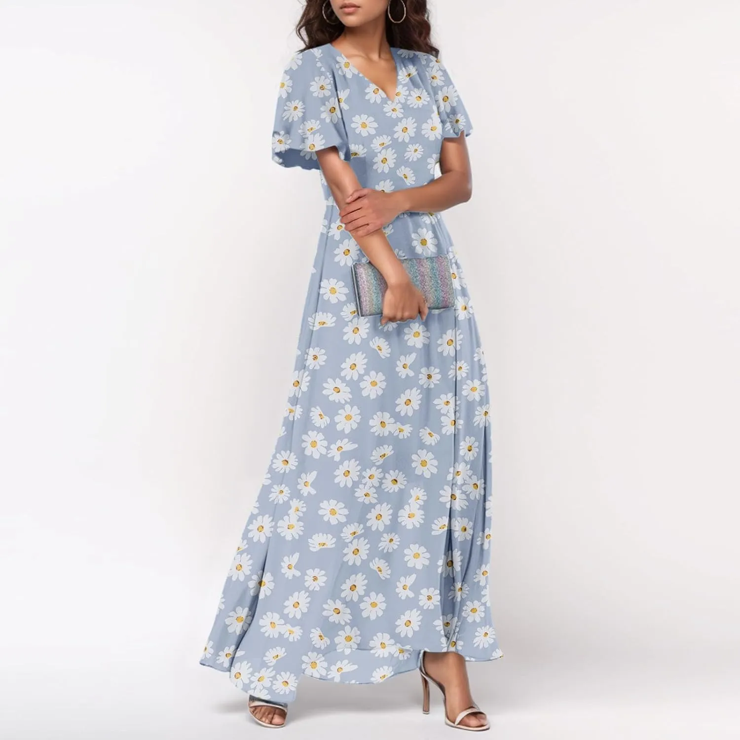 Floral Maxi Dresses for Women 2025 Dressy Elegant Long Flowy Dresses Casual Summer Flutter Sleeve V Neck Swing Dress