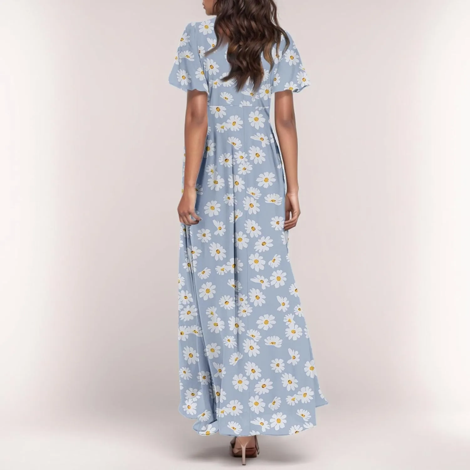 Floral Maxi Dresses for Women 2025 Dressy Elegant Long Flowy Dresses Casual Summer Flutter Sleeve V Neck Swing Dress