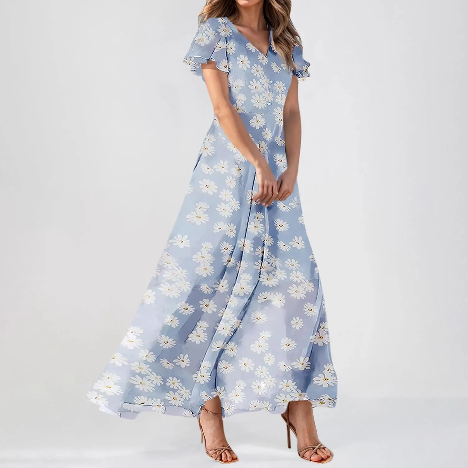 Floral Maxi Dresses for Women 2025 Dressy Elegant Long Flowy Dresses Casual Summer Flutter Sleeve V Neck Swing Dress