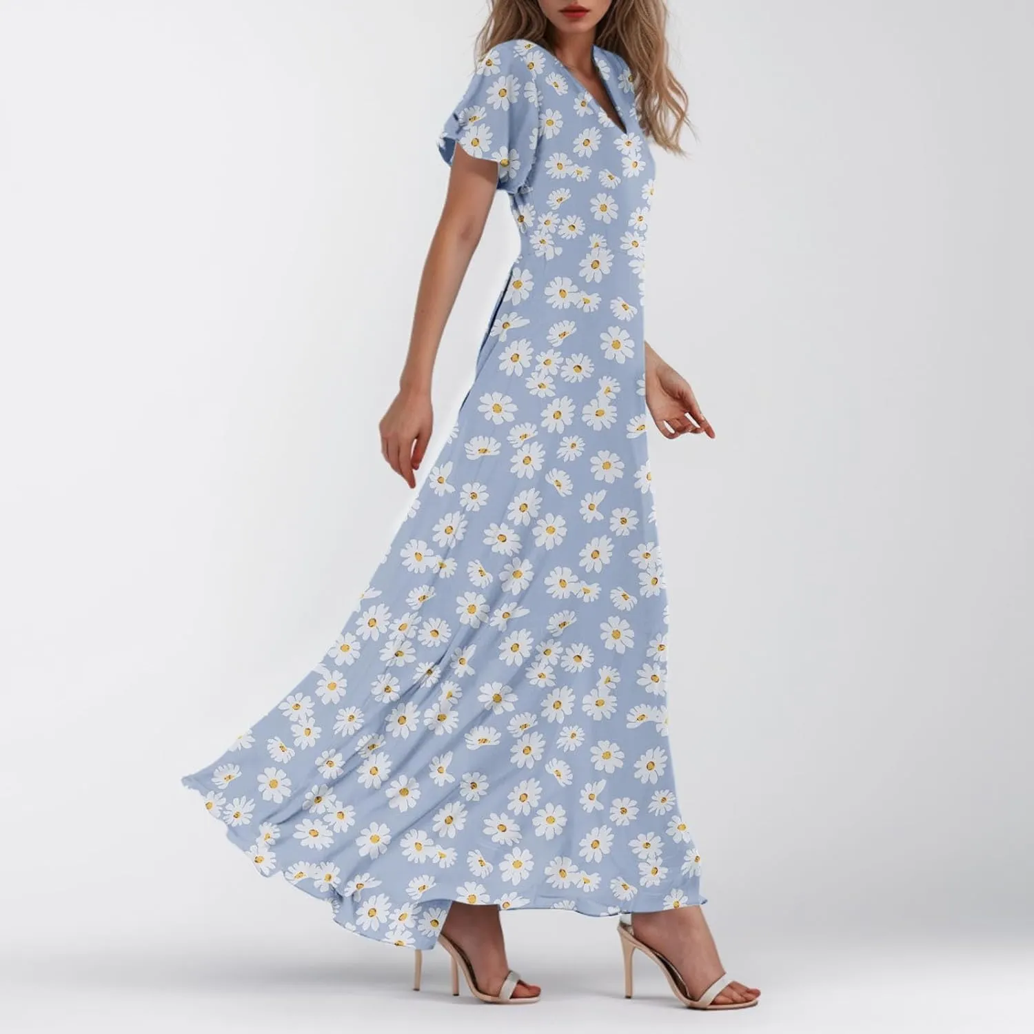 Floral Maxi Dresses for Women 2025 Dressy Elegant Long Flowy Dresses Casual Summer Flutter Sleeve V Neck Swing Dress