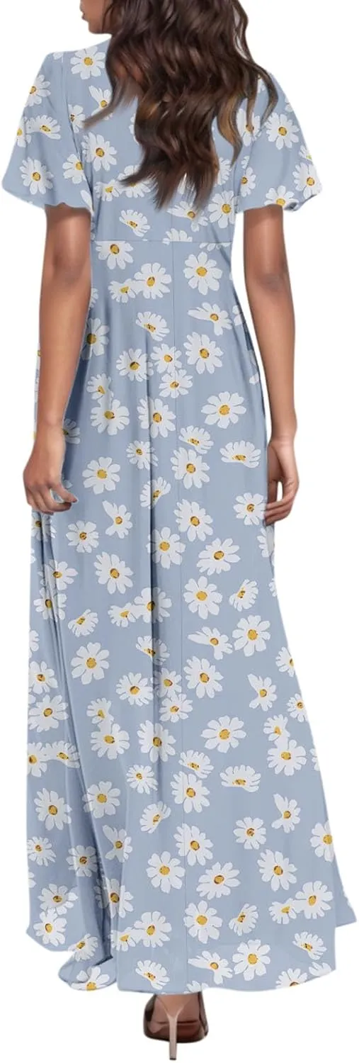 Floral Maxi Dresses for Women 2025 Dressy Elegant Long Flowy Dresses Casual Summer Flutter Sleeve V Neck Swing Dress