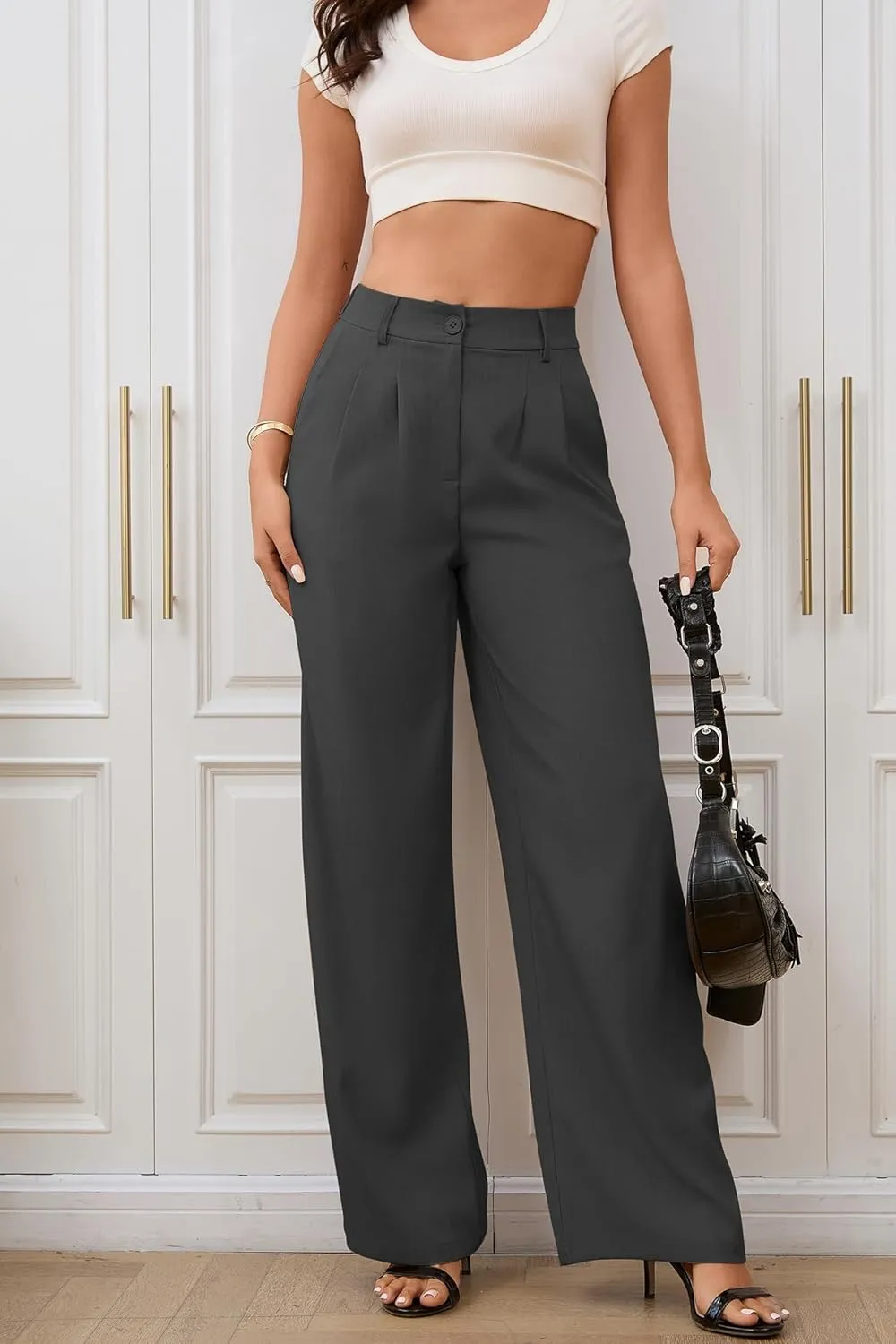 High Waisted Work Pants for Women Wide Leg Dress Pants Business Casual Slacks Lounge Dressy Trousers with Pockets
