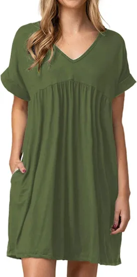 Jayscreate Women's Baby Doll Dress Summer Casual Tunic Pleated Flowy Swing Short Sleeve Black V Neck Mini Dress