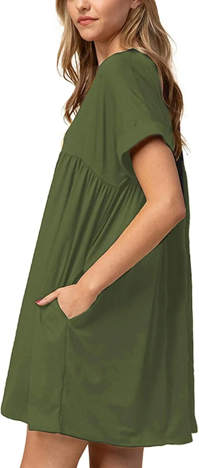 Jayscreate Women's Baby Doll Dress Summer Casual Tunic Pleated Flowy Swing Short Sleeve Black V Neck Mini Dress