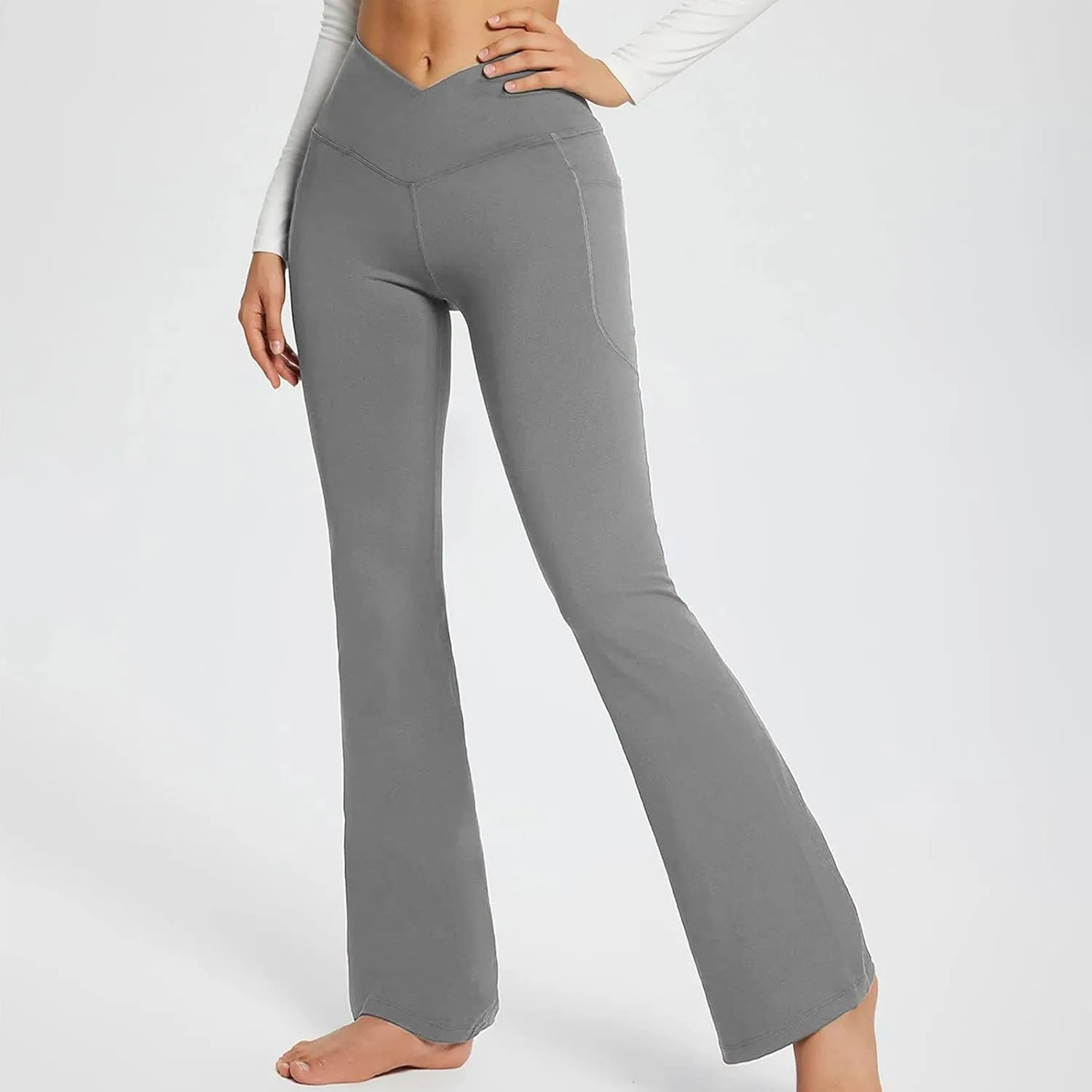 Leggings With Pockets For Women High Waisted Slim Fit Flared Wide Leg Trousers Casual Bootleg Workout Yoga Pants
