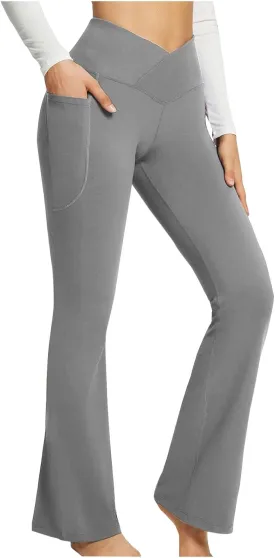 Leggings With Pockets For Women High Waisted Slim Fit Flared Wide Leg Trousers Casual Bootleg Workout Yoga Pants